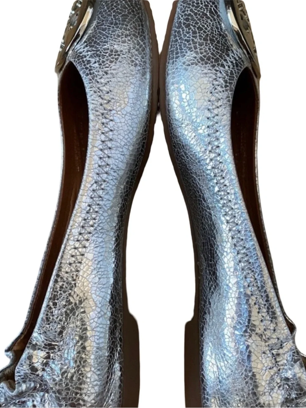 NEW Tory Burch Reva Silver Metallic Crackle Leather Ballet Flats Size 5 NWOB